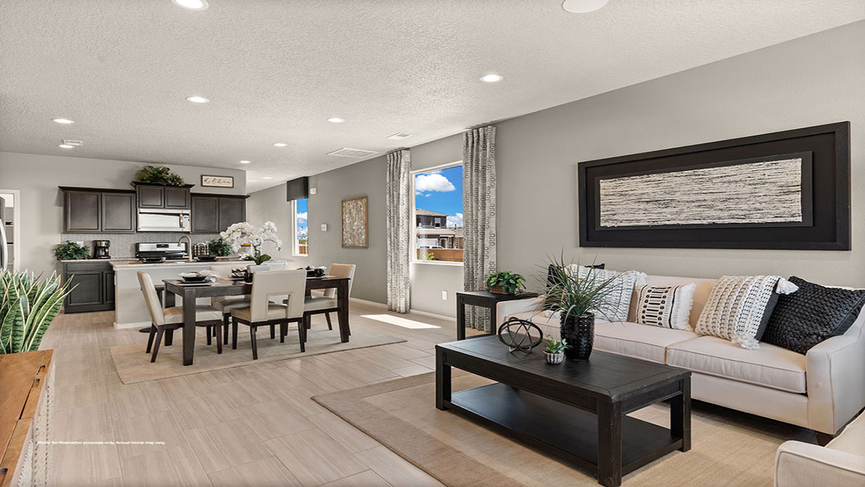 Interior living area open to dining area and kitchen