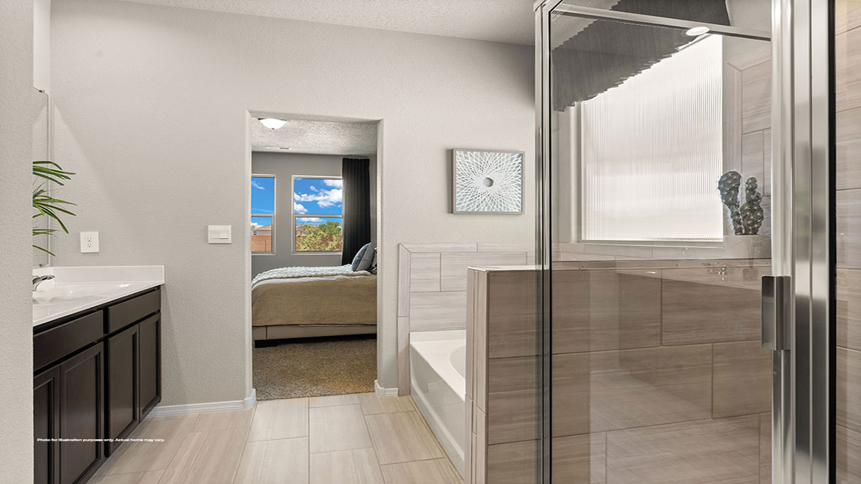 Interior bathroom with double sink, bath tub and shower
