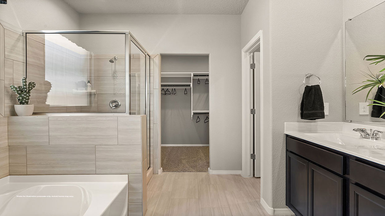 Interior bathroom with double sink, bath tub and shower