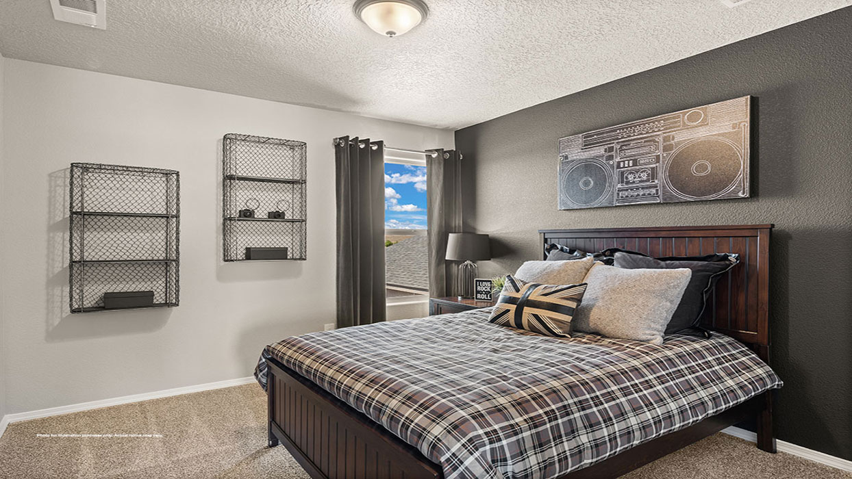 Interior bedroom with accent wall and window