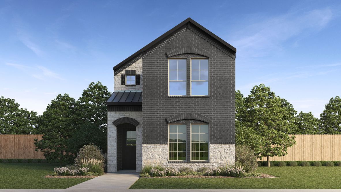 two story home exterior image with brick and stone
