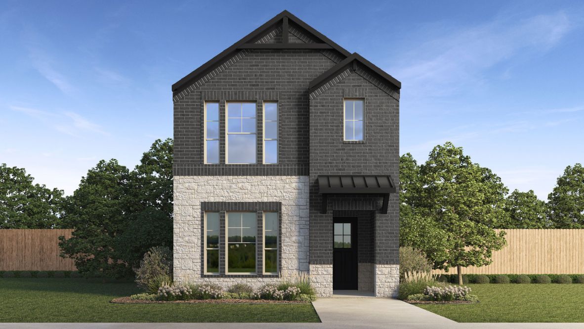 Two story new build home with stone and clean landscaping.
