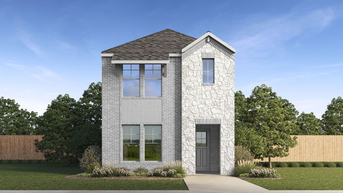 Two story new build home with light colored stone and clean landscaping.