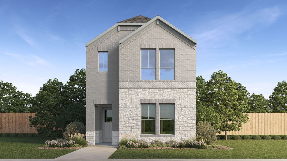Two story new build home with light colored stone and clean landscaping.