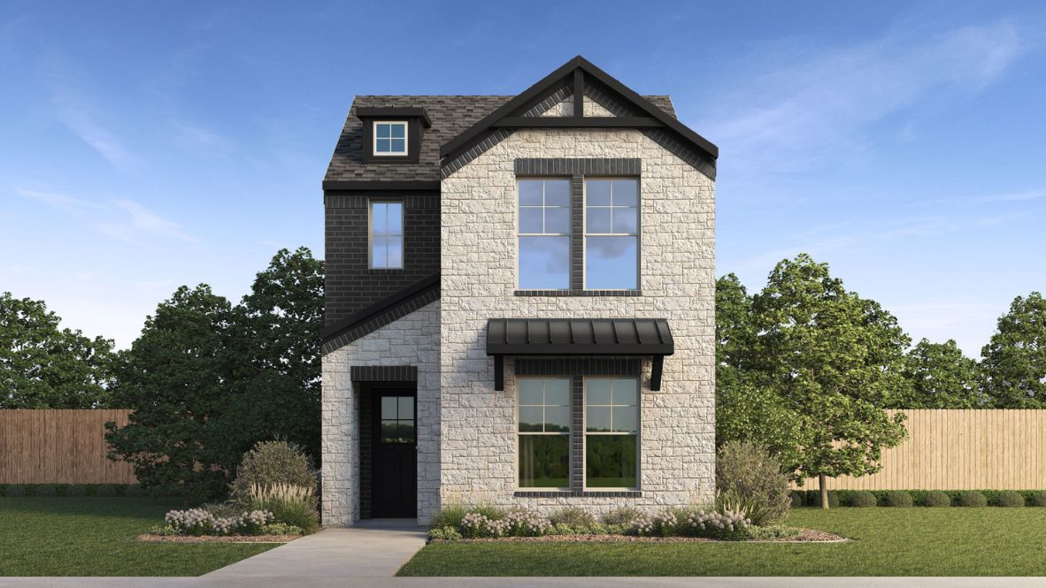 Two story new build home with stone and clean landscaping.