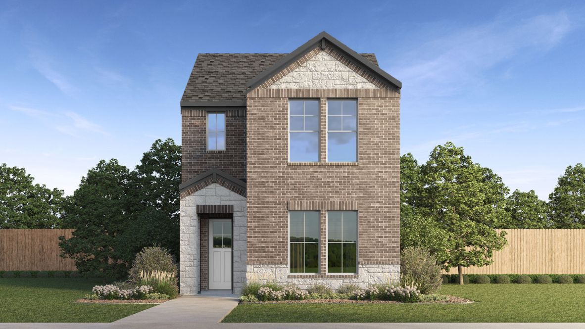 New home with brick accents and attached garage.