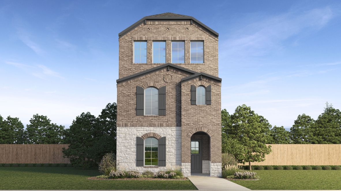 New build home with stone and clean landscaping.