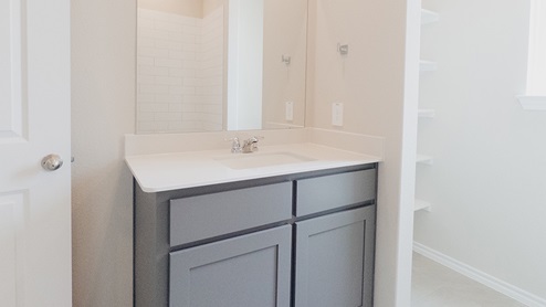 Bathroom 2 with gray cabinets and shelves