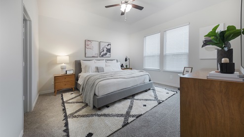 Interior bedroom with bright lighting and two large windows