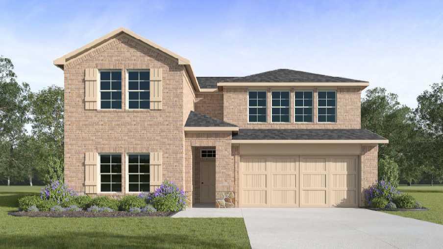 Two-story Ozark floor plan featuring 4 bedrooms, 3 bathrooms, and a spacious game room. The home showcases a welcoming front porch
