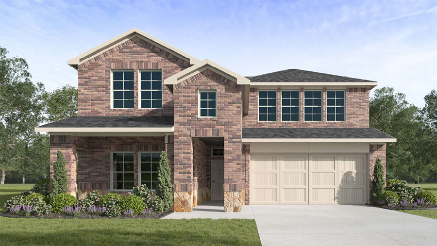 Two-story Ozark floor plan featuring 4 bedrooms, 3 bathrooms, and a spacious game room. The home showcases a welcoming front porch