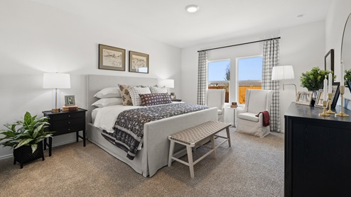 Primary bedroom with carpeted floors, large windows, and trey ceilings.