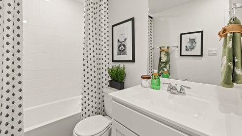 Bathroom with single sink vanity, with shower and tub combination and built in shelving.