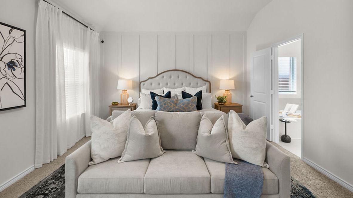 Interior bedroom with large windows