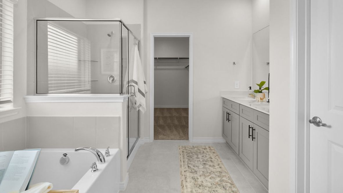 Interior bathroom with shower and double sink