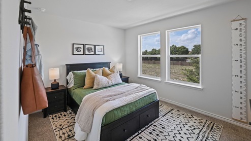 bedroom with beige carpet, grey walls and a window