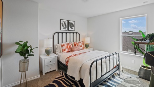 bedroom with beige carpet, grey walls and a window