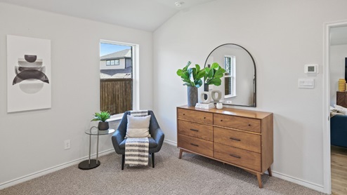 Spacious primary bedroom with beige carpet, white walls and two windows