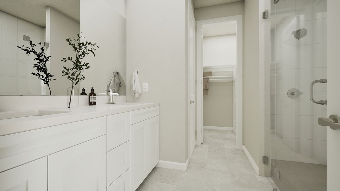 Bathroom 1 with white vanity and shower