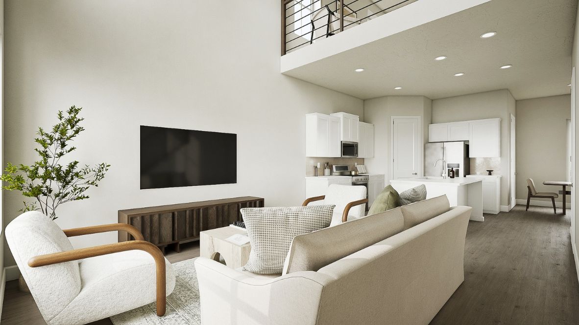 Living room open to kitchen area