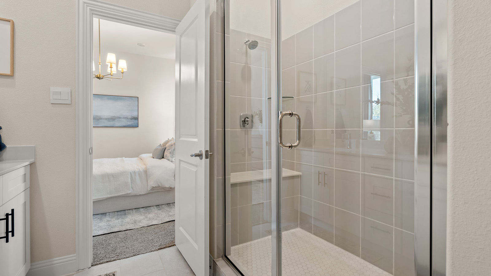 Bathroom with shower open to bedroom