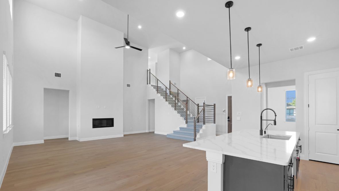Large kitchen island facing the living room area.