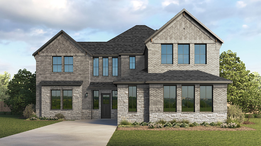 Two story home with gray brick and stone