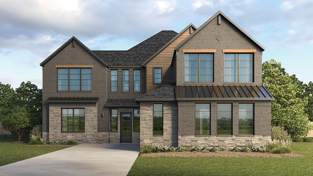 Two story home with brown brick and woodtone