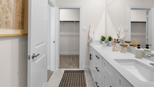 Interior primary bathroom with double sink, shower and walk-in closet