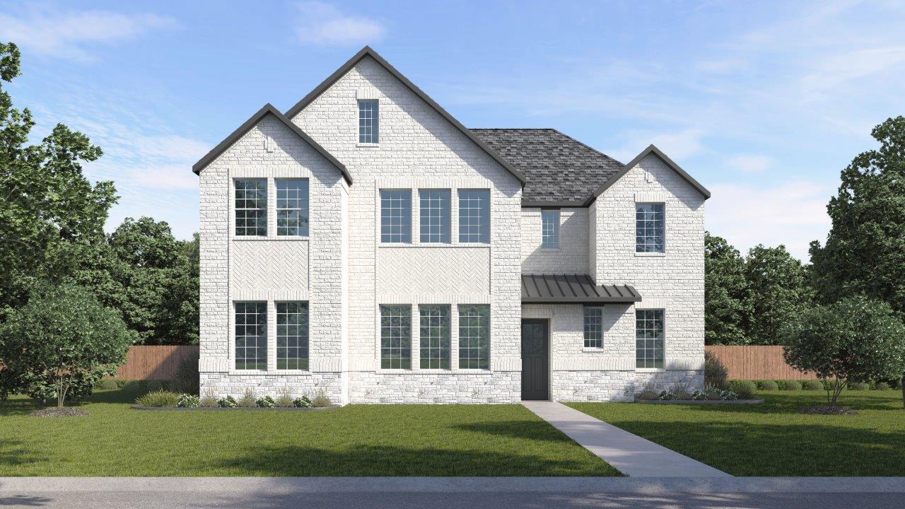 Exterior two story white brick modern house