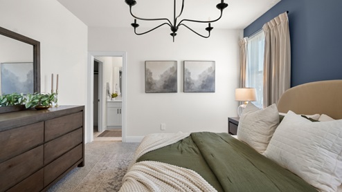Interior primary bedroom with accent wall and windows