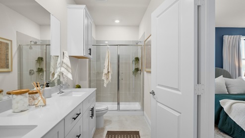 Interior primary bathroom with double sink, shower and walk-in closet