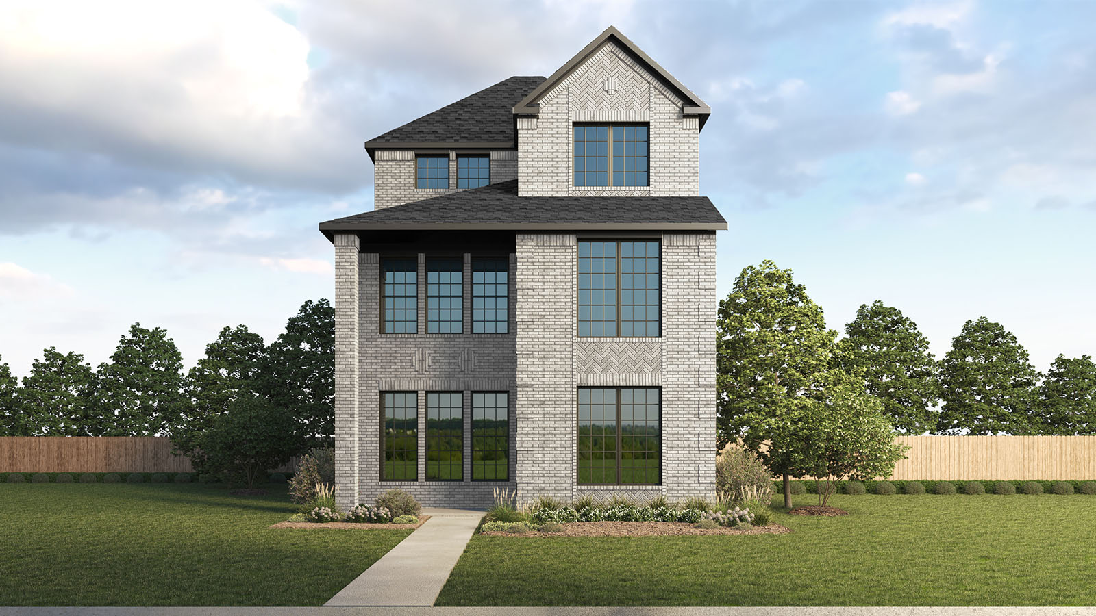 Exterior rendering of the three-story Longhorn plan's elevation A, that boasts a full brick facade with inlays and accents, large, multi-paned windows, and a tall, two-story covered front porch.