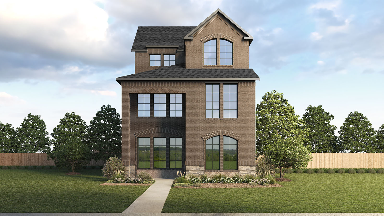 Exterior rendering of the three-story Longhorn plan's elevation B, that boasts a full brick facade with inlays and accents, stacked stone column bases, large windows, some featuring an arched accent, and a tall, two-story covered front porch.
