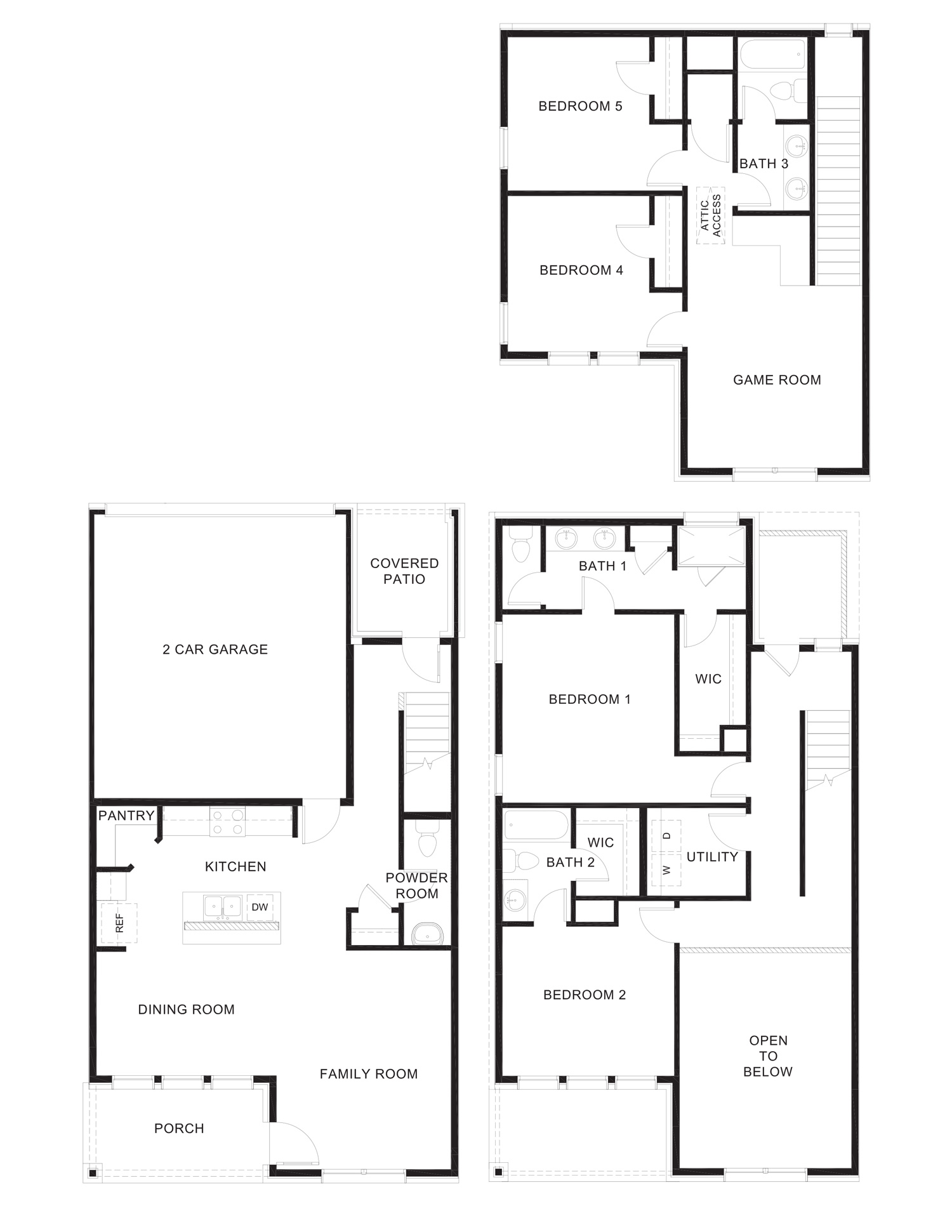 Floorplan image of the Longhorn, a three-story plan with 5 bedrooms, 3.5 bathrooms, an open concept family room, dining room, and kitchen, a game room, and a two-car garage that opens to the alley.