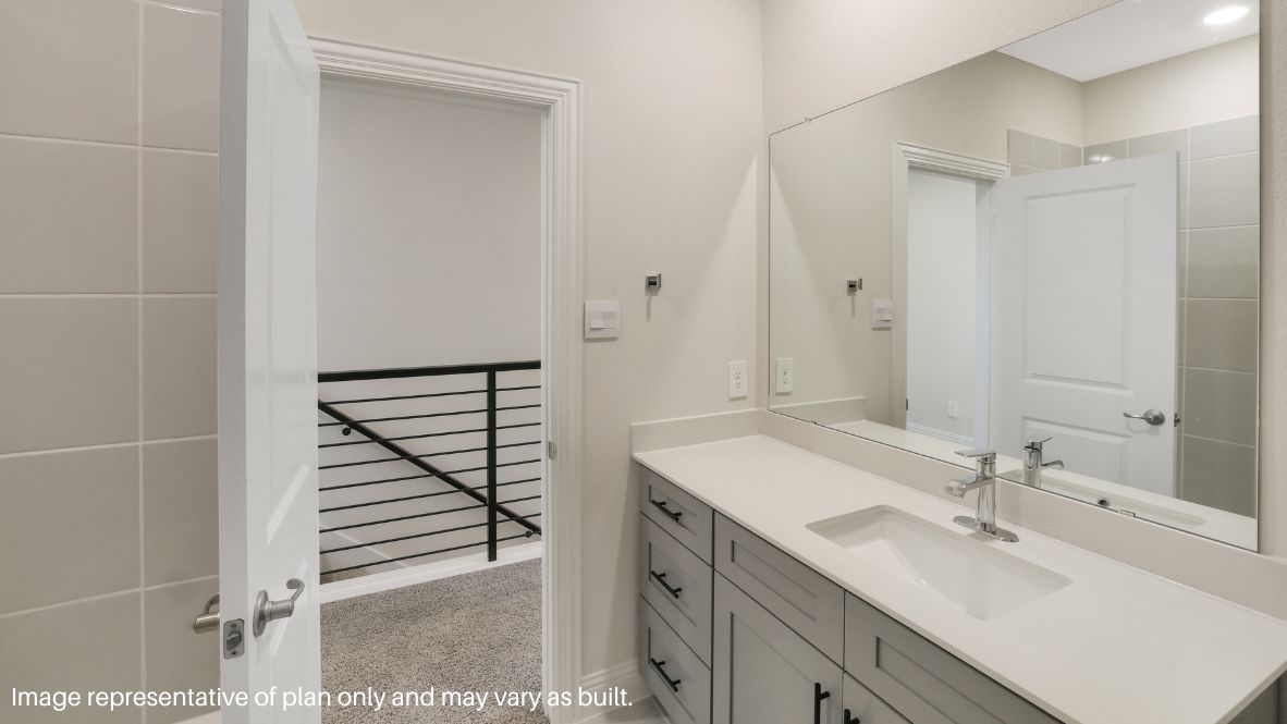 while the second level features a spacious primary suite with a walk-in closet, dual vanity bath, and two additional bedrooms.