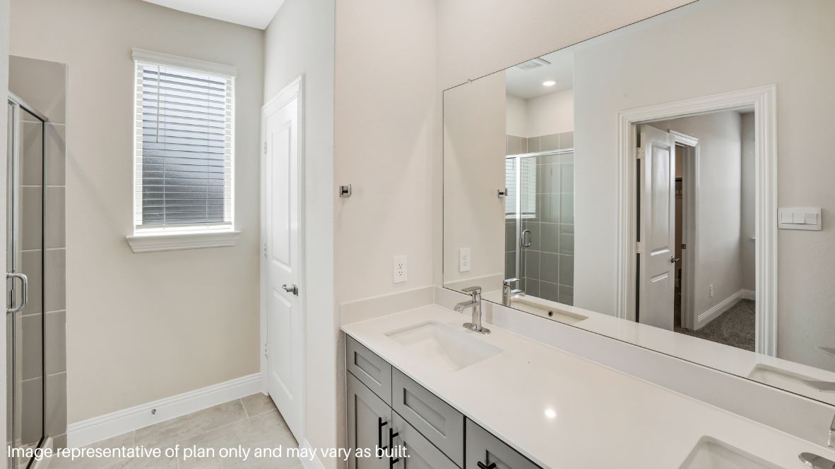 while the second level features a spacious primary suite with a walk-in closet, dual vanity bath, and two additional bedrooms.