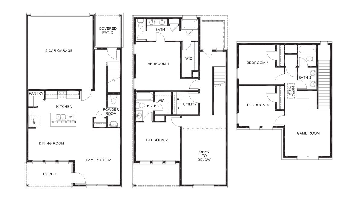 Step through the front door into a bright, open-concept living space, where natural light highlights the picture-frame cabinetry, stainless steel appliances, and quartz or granite countertops in the chef-inspired kitchen. The first floor features a welcoming family and dining area, along with a powder bath for guests.  On the second floor, you’ll find two spacious bedrooms, including a luxurious primary suite with a spa-like bath and large walk-in closet. The open-to-below design creates an airy, grand feel. The third floor offers two additional bedrooms and a game room, perfect for entertainment or a private retreat.
