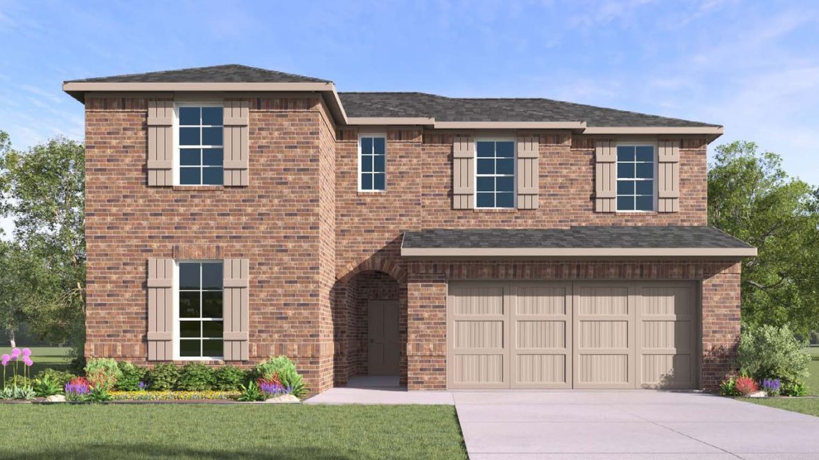 Two-story home with a charming brick exterior featuring neutral shutters and spacious two-car garage. The landscaped front yard adds a welcoming touch, surrounded by greenery and vibrant flowers.