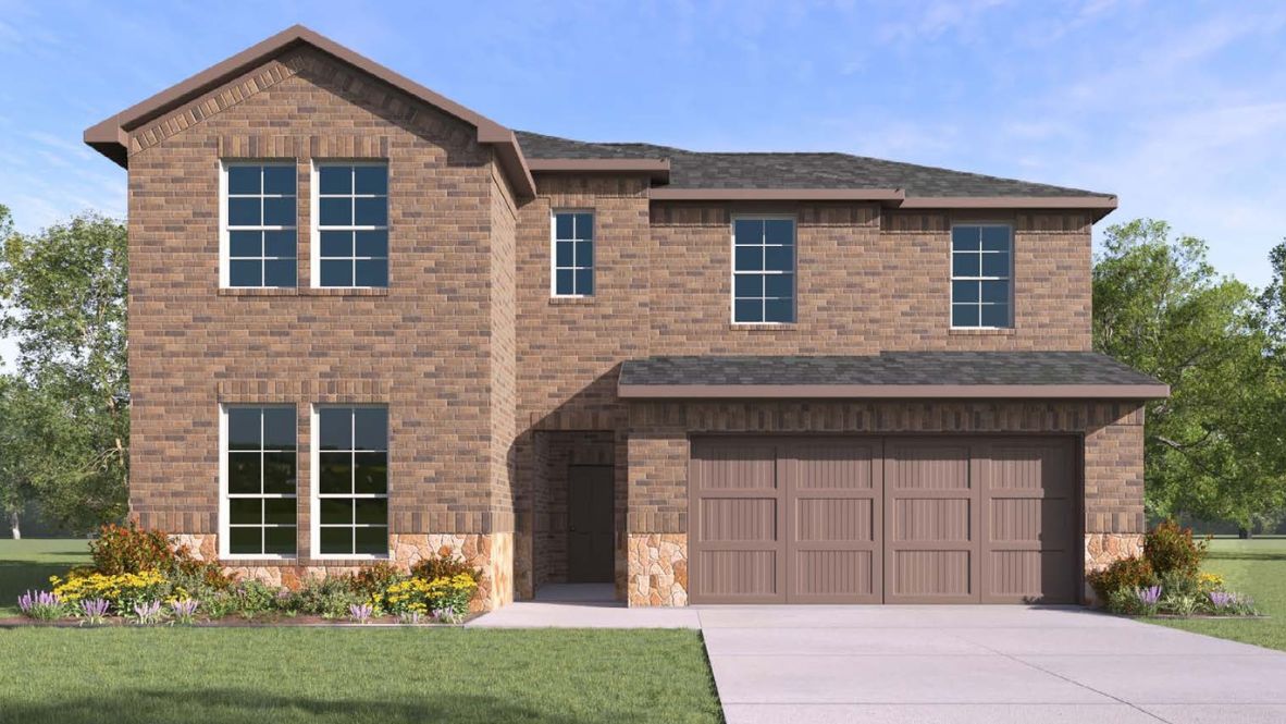 Two-story home with a charming brick and rock exterior featuring neutral shutters and spacious two-car garage. The landscaped front yard adds a welcoming touch, surrounded by greenery and vibrant flowers.