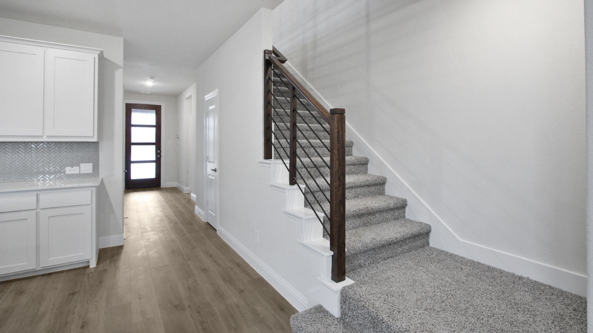 Primary bedroom with ceiling fan, plush carpeting, and a large walk-in closet.
