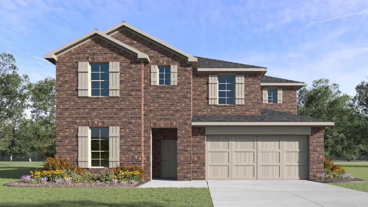 Two-story home with a charming brick exterior featuring neutral shutters and spacious two-car garage. The landscaped front yard adds a welcoming touch, surrounded by greenery and vibrant flowers.