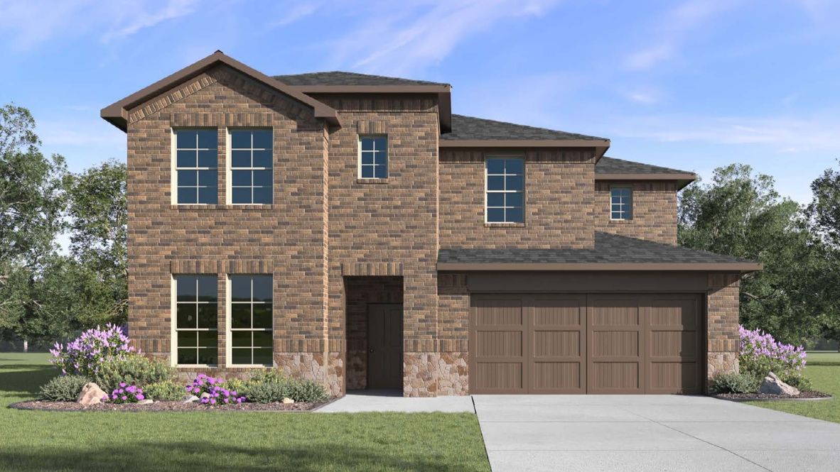 Two-story home with a charming brick and rock exterior featuring neutral shutters and spacious two-car garage. The landscaped front yard adds a welcoming touch, surrounded by greenery and vibrant flowers.
