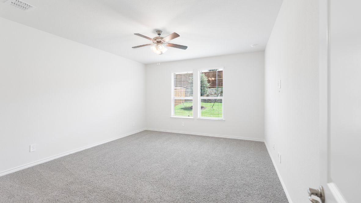 The Burrow is one of our two-story floorplans featured at our Hidden Lakes community in McKinney, TX. The Burrow offers an impressive 2,560 sq. ft. of living space across 4 bedrooms, 3 bathrooms, and a 2-car garage.  As you walk through the long foyer to the open layout of the home, you will find the large kitchen that is open to the spacious family room and dining area. The soaring ceilings in the living room are sure to grab your attention. The kitchen features granite or quartz countertops, decorative tile backsplash, stainless steel appliances and a large kitchen island.  The main bedroom, bedroom 1, is located downstairs and features a large walk in shower and huge walk in closet. Upstairs you will find a large loft that is open to the living room below. Utilize this space as a media room, game room, or home gym.  This home comes included with a professionally designed landscape package and a full irrigation system as well as our Home is Connected® base package that offers devices such as offers devices such as the Amazon Echo Pop, a Video Doorbell, Deako Smart Light Switch, a Honeywell Thermostat, and more.  Images are representative of plan and may vary as built.  Contact us today and find your home at Hidden Lakes.