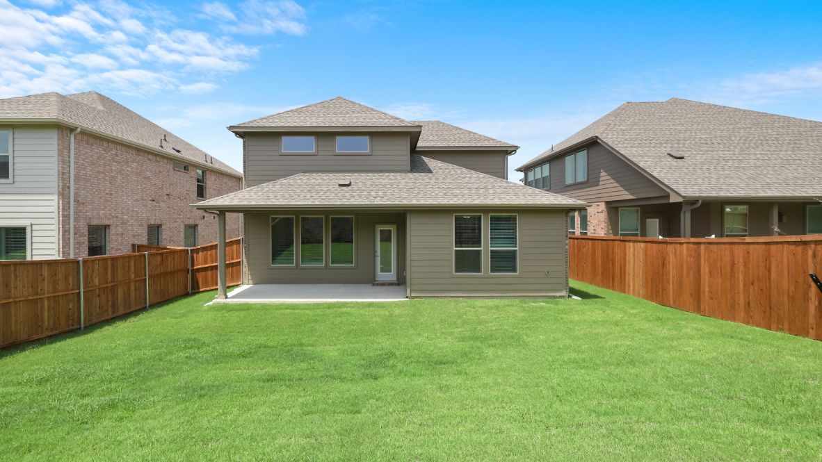 The Burrow is one of our two-story floorplans featured at our Hidden Lakes community in McKinney, TX. The Burrow offers an impressive 2,560 sq. ft. of living space across 4 bedrooms, 3 bathrooms, and a 2-car garage.  As you walk through the long foyer to the open layout of the home, you will find the large kitchen that is open to the spacious family room and dining area. The soaring ceilings in the living room are sure to grab your attention. The kitchen features granite or quartz countertops, decorative tile backsplash, stainless steel appliances and a large kitchen island.  The main bedroom, bedroom 1, is located downstairs and features a large walk in shower and huge walk in closet. Upstairs you will find a large loft that is open to the living room below. Utilize this space as a media room, game room, or home gym.  This home comes included with a professionally designed landscape package and a full irrigation system as well as our Home is Connected® base package that offers devices such as offers devices such as the Amazon Echo Pop, a Video Doorbell, Deako Smart Light Switch, a Honeywell Thermostat, and more.  Images are representative of plan and may vary as built.  Contact us today and find your home at Hidden Lakes.