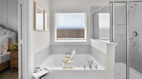 Interior primary bathroom with shower, bath tub and walk-in closet