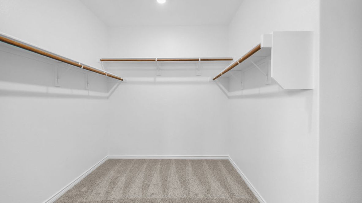 spacious bedroom closet with railings all around.