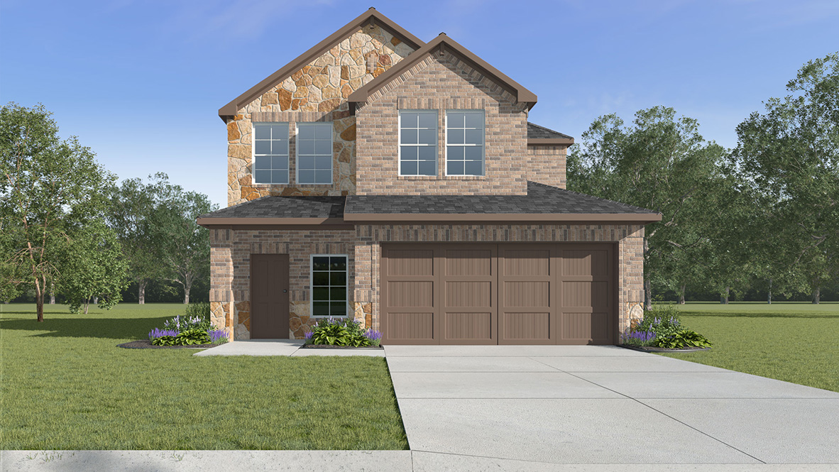 Two story home exterior with brick and 2 car garage