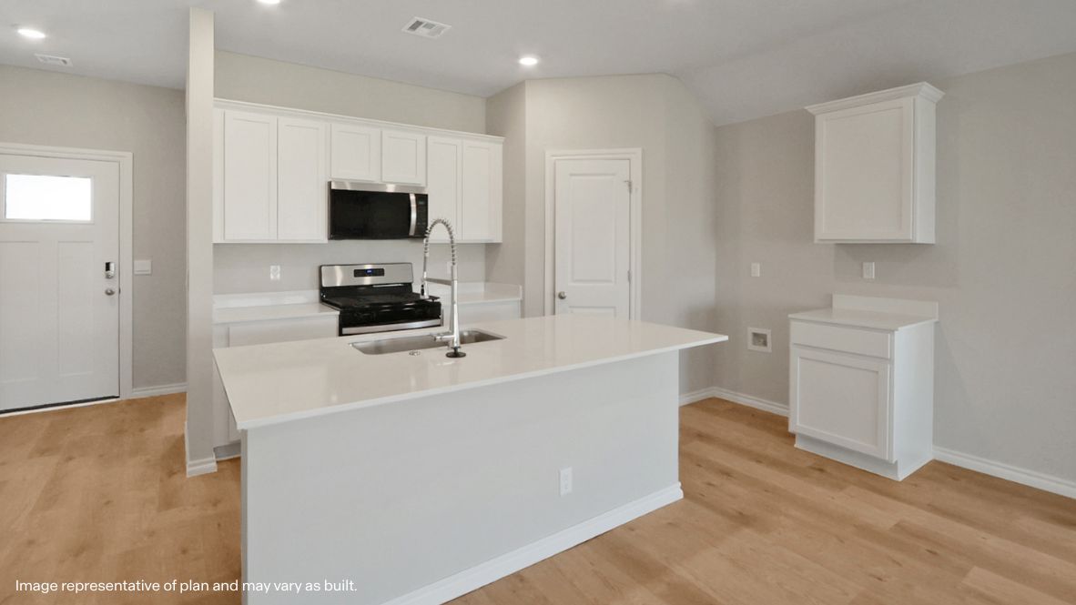 Kitchen island with sink, seating, cabinet storage, and convenient pantry nearby Elgin plan