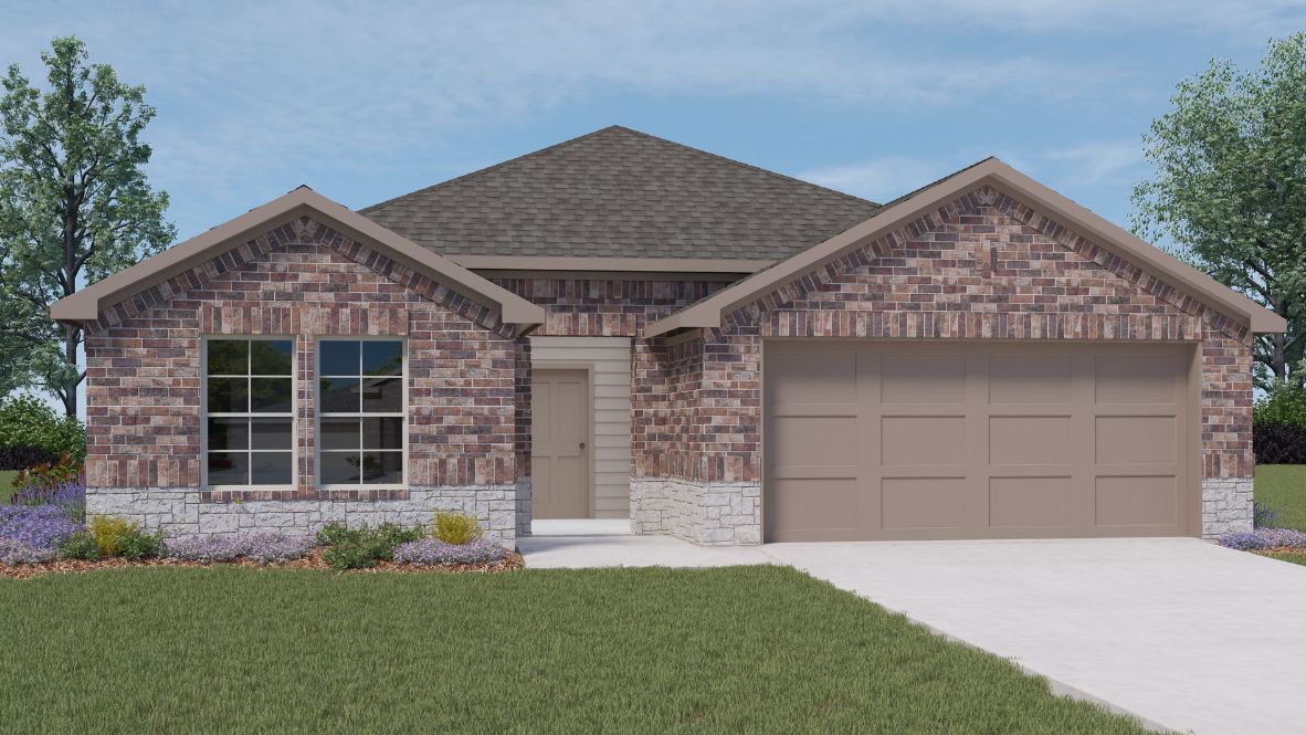 Modern single-story home with a brick exterior, two-car garage, and well-maintained front lawn in a suburban neighborhood